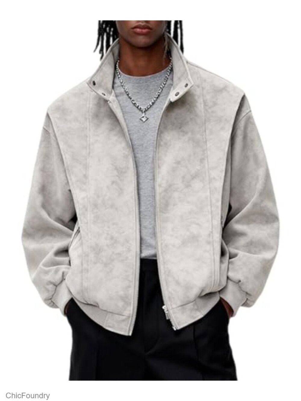 Men's Faux Suede Leather Jacket Oversized Bomber Zip Up Streetwear